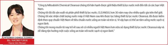 Thương hiệu thiết bị lọc nước số 1 Nhật Bản – Mitsubishi Chemical Cleansui gia nhập thị trường Việt Nam - 3
Ms. Naomi Fukai – đại diện kinh doanh của hãng Mitsubishi Chemical Cleansui