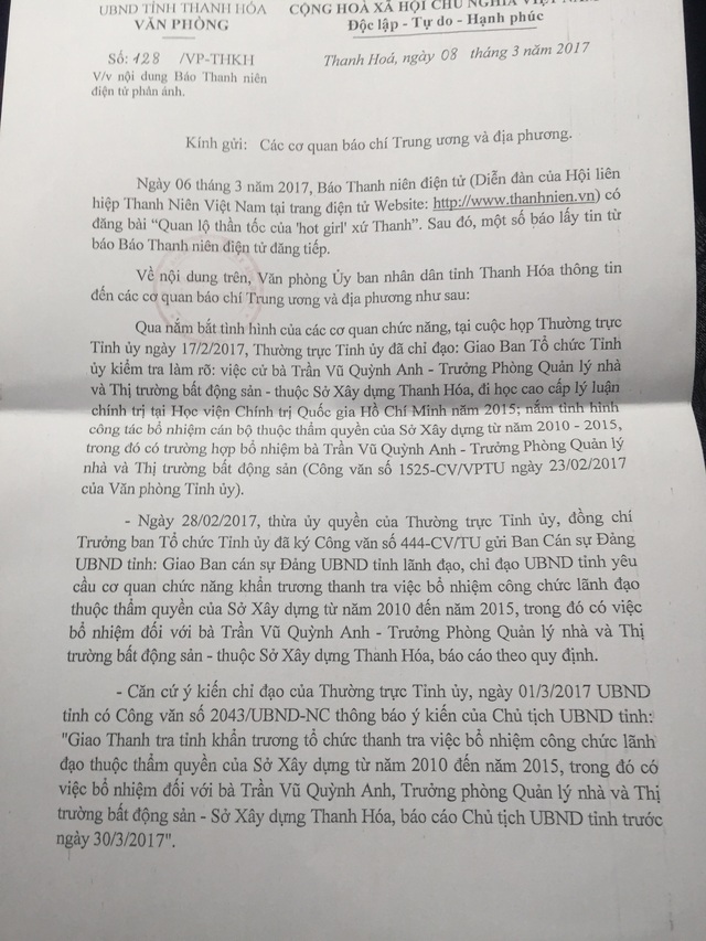 Sở Xây dựng Thanh Hóa “chưa rõ việc bổ nhiệm thần tốc đúng hay sai” - 1 Văn bản của UBND tỉnh Thanh Hóa chỉ đạo vụ bà Trần Vũ Quỳnh Anh