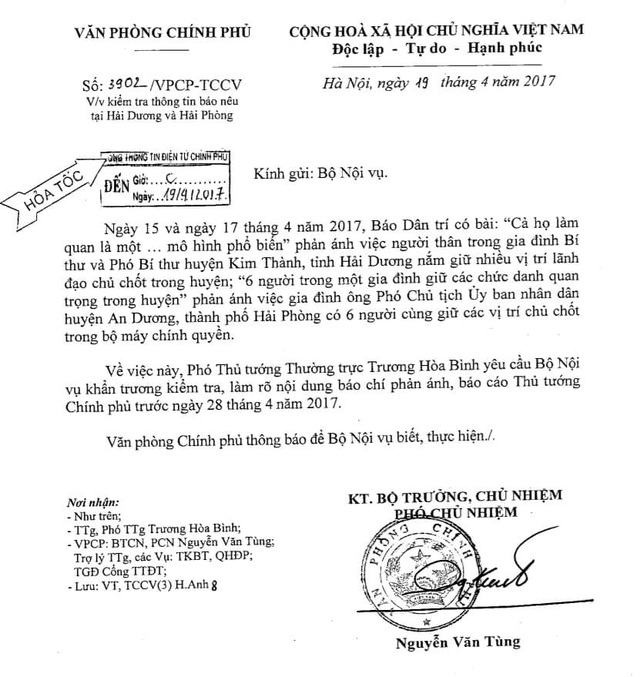 Chính phủ chỉ đạo làm rõ thông tin “mô hình” cả nhà làm quan ở Hải Dương - 1 Văn bản chỉ đạo của phó thủ tướng về vấn đề cả họ làm quan mà theo phản ánh của Dân trí