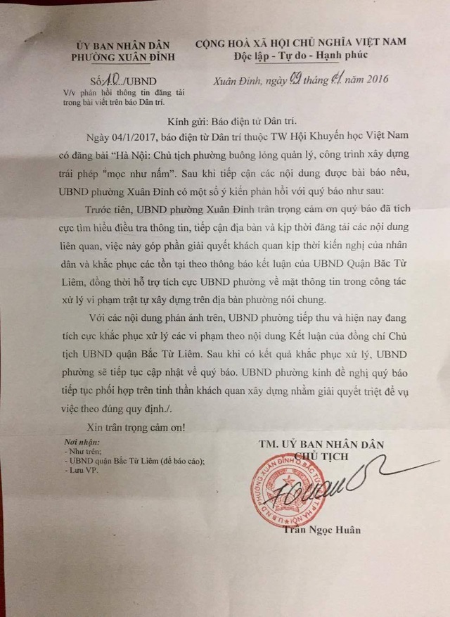 Hà Nội: Đang xử lý vụ chủ tịch phường buông lỏng quản lý, nhà sai phép “mọc như nấm” - 1 Văn bản của UBND phường Xuân Đỉnh gửi Báo Dân trí.
