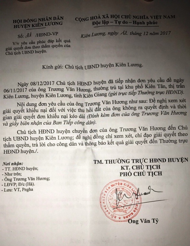 Kiên Giang: HĐND huyện “thúc” Chủ tịch huyện trả lời công dân! - 1 Văn bản của Thường trực HĐND huyện Kiên Lương đề nghị Chủ tịch UBND huyện này sớm trở lời cho ông Trương Văn Hương