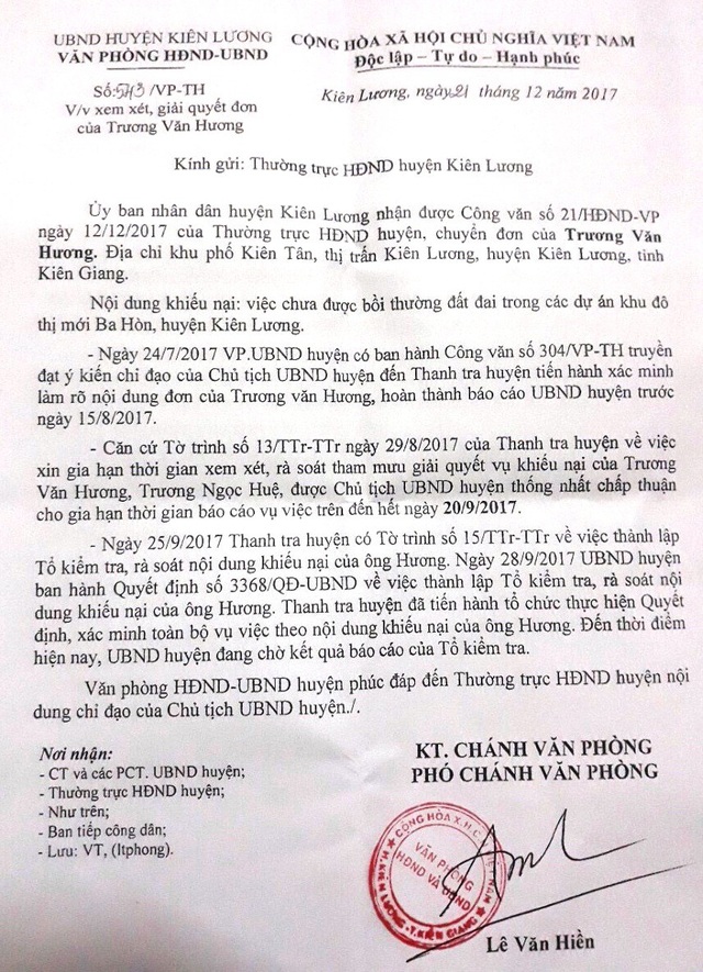 Kiên Giang: HĐND huyện “thúc” Chủ tịch huyện trả lời công dân! - 2 Văn bản trả lời của UBND huyện Kiên Lương cho Thường trực HĐND huyện Kiên Lương xung quanh vụ việc ông Trương Văn Hương