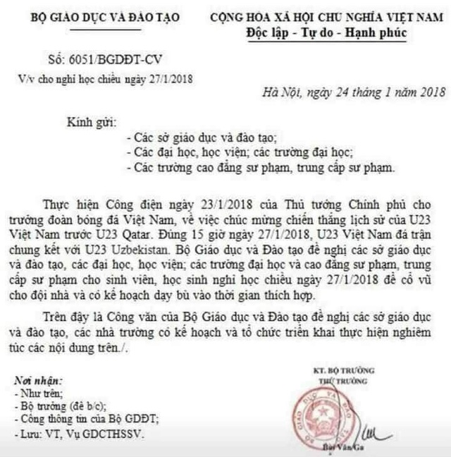 Giả công văn của Bộ GD-ĐT cho học sinh, sinh viên nghỉ học xem U23 đá chung kết - 1
Một công văn giả về việc Bộ GD-ĐT cho học sinh cả nước nghỉ học chiều 27/1 để xem Việt Nam đá chung kết giải U23 Châu Á