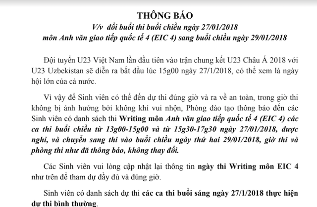 Trường đại học dời lịch thi trong ngày U23 Việt Nam đá chung kết - 1 Thông báo của phòng Đào tạo trường ĐH Hoa Sen về việc dời lịch thi trong ngày U23 Việt Nam đá trận chung kết