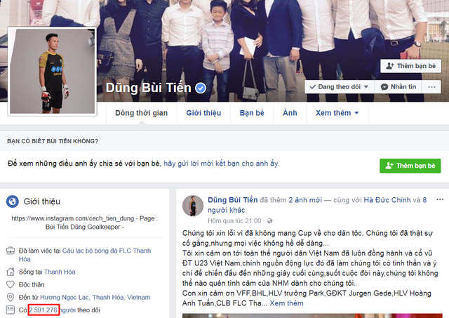Facebook thủ môn Bùi Tiến Dũng "gây sốt" trong cộng đồng mạng - 3 Còn của Tiến Dũng đã vượt qua mốc 2,5 triệu theo dõi, và vẫn tiếp tục tăng từng giờ