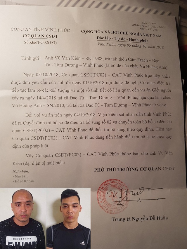 Bố đẻ của bị hại cho rằng, kết luận điều tra có dấu hiệu bỏ lọt tội phạm. Bị can Nguyễn Văn Thảo (phải) và Nguyễn Khánh Hưng tại cơ quan công an.