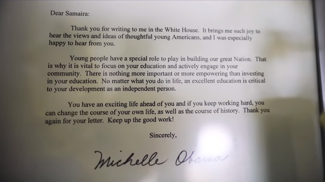 Cô bé nhận được bức thư khích lệ từ đích thân cựu đệ nhất phu nhân Michelle Obama.