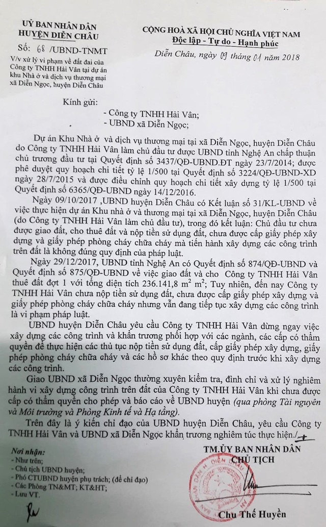 Trường Mầm non đi vào hoạt động mới xin giấy phép xây dựng? - 10 Ngày 9/1/2018, Phòng TNMT huyện Diễn Châu cũng có Văn bản gửi UBND huyện và các phòng ban liên quan về việc xử lý vi phạm về đất đai của Công ty TNHH Hải Vân. Trong văn bản này nêu rõ những sai phạm của công ty này như: Chủ đầu tư chưa được giao đất, cho thuê đất và nộp tiền sử dụng đất.