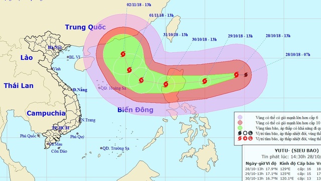 Siêu bão Yutu mạnh cấp 16 đang hướng vào Biển Đông - 1 Vị trí và hướng di chuyển của siêu bão Yutu. (Ảnh: NCHMF).