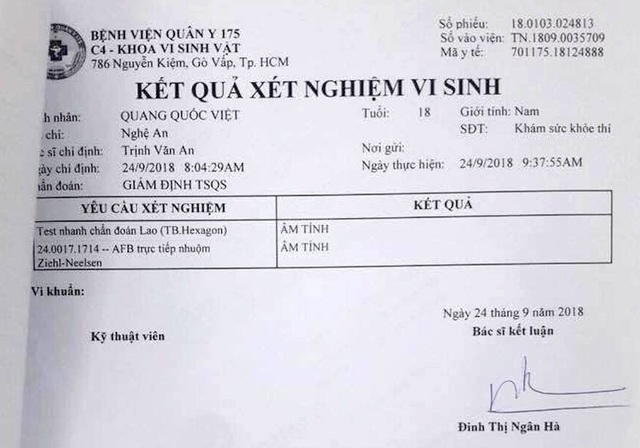 Mới nhập học, nam sinh viên Trường sĩ quan bị trả về địa phương vì ... bị bệnh lao phổi? - 6 Với kết quả em Việt không bị bệnh gì cả.