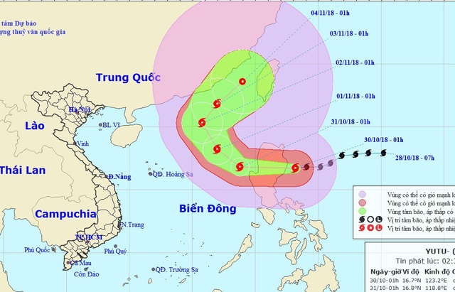 Bão Yutu sẽ giảm cấp khi vào Biển Đông - 1 Vị trí và hướng di chuyển của bão Yutu. (Ảnh: NCHMF).