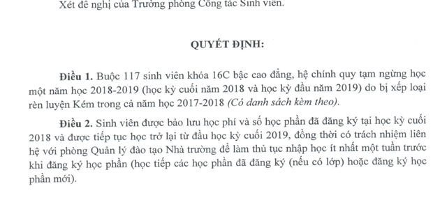 Gần 120 sinh viên cao đẳng bị đình chỉ vì xếp loại rèn luyện kém - 2 Quyết định đình chỉ 1 năm đối với 117 sinh viên có điểm rèn luyện kém trong năm học 2017-2018