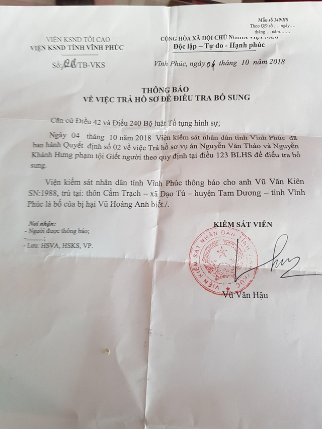 Điều tra bổ sung vụ “mâu thuẫn với bố sát hại con 8 tuổi” trả thù - 2 Điều tra bổ sung vụ “mâu thuẫn với bố sát hại con 8 tuổi” trả thù - 2