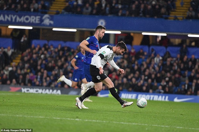 Nhìn lại trận thắng đầy tranh cãi của Chelsea trước Derby - 19
Nugent dứt điểm ở phút 90, anh đánh bại tất cả các cầu thủ Chelsea nhưng không thắng được cột dọc
