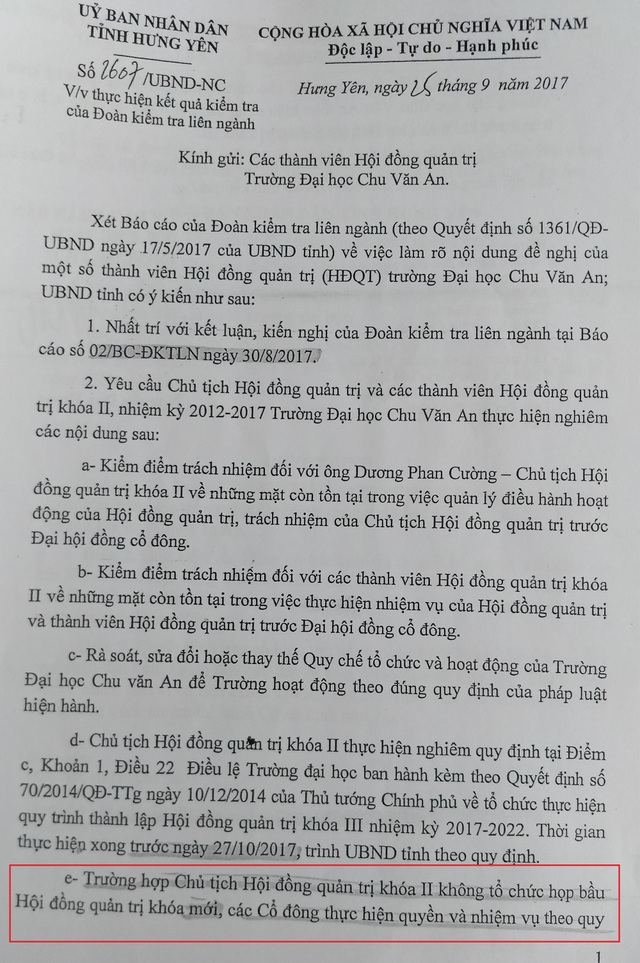 “Lùm xùm” trường đại học Chu Văn An: UBND tỉnh Hưng Yên đã làm tròn trách nhiệm? - 2 Điểm e khoản 2 của văn bản 2607 mở ra hướng giải quyết cho trường đại học Chu Văn An nhưng...