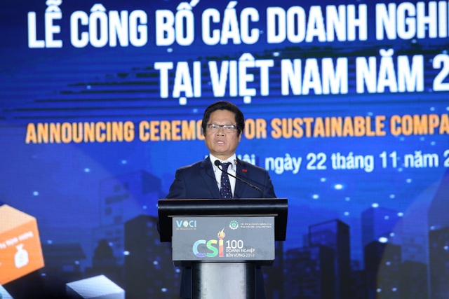 Công bố 100 doanh nghiệp bền vững tại Việt Nam 2018 - 3
TS. Vũ Tiến Lộc, Chủ tịch VCCI, Chủ tịch VBCSD chia sẻ: Một trong những thông điệp mà VCCI, VBCSD luôn cố gắng gửi gắm đến cộng đồng DN chính là hãy thay đổi tư duy kinh doanh, hãy nhìn nhận PTBV bằng một lăng kính mới.