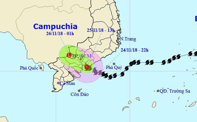 TPHCM và Vũng Tàu mưa to, gió lớn, sóng biển mạnh - 10 Vị trí và hướng di chuyển của áp thấp nhiệt đới. (Ảnh: NHCMF).