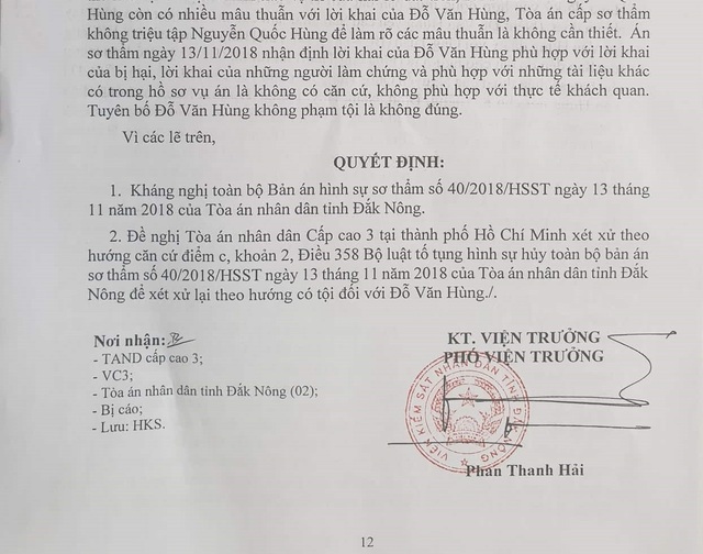 Bị cáo được tuyên vô tội sau hơn 4 năm ngồi tù, VKSND tỉnh Đắk Nông nói gì? - 2 Nội dung bản kháng nghị của TAND tỉnh Đắk Nông
