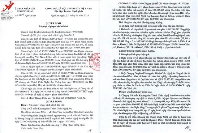 Nghệ An: Phạt hơn 100 triệu đồng vì DN khoáng sản chậm đóng BHXH - 1
Quyết định xử phạt vi phạm hành chính trong lĩnh vực BHXH đối với Công ty CP khoáng sản Thành Châu Nghệ An.