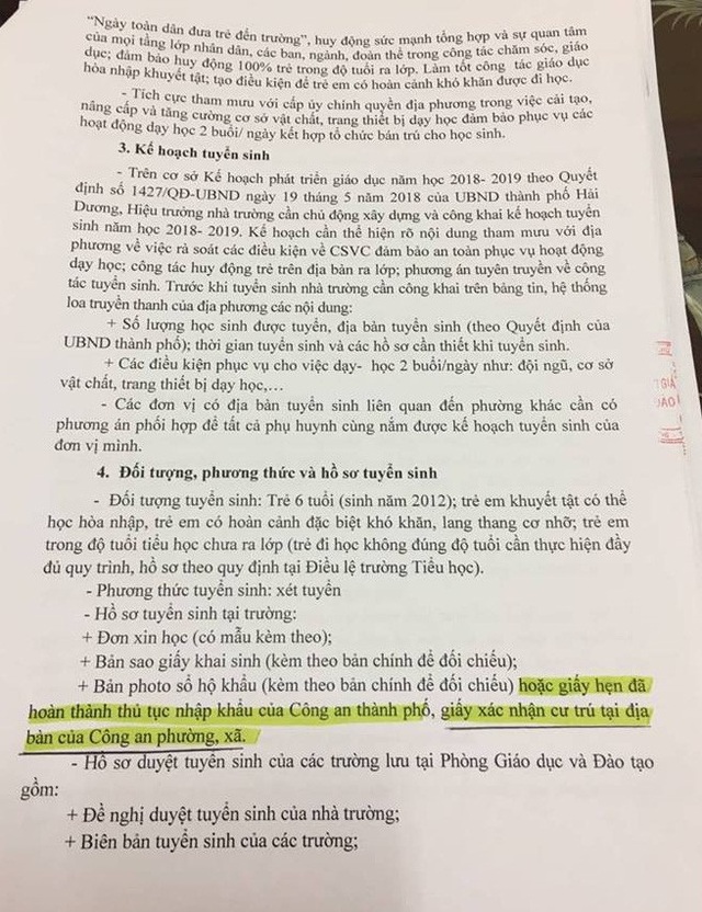 Kiến nghị sai sót tại Trường Bình Minh: Phòng Giáo dục lên tiếng - 1
Kế hoạch tuyển sinh do Phòng GD&ĐT thành phố Hải Dương hướng dẫn có nội dung học sinh có giấy xác nhận cư trú tại địa bàn của công an phường, xã thì thuộc đối tượng tuyển sinh.