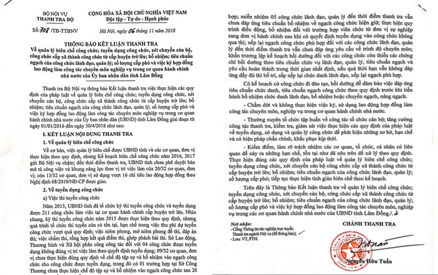 Hơn 100 công chức giữ chức vụ lãnh đạo, quản lý chưa phù hợp tại tỉnh Lâm Đồng - 2 Thanh tra Bộ Nội vụ cũng kiến nghị Chủ tịch UBND tỉnh Lâm Đồng chỉ đạo, kiểm điểm, làm rõ trách nhiệm của cơ quan, tổ chức, cá nhân có liên quan để xảy ra những hạn chế, tồn tại nêu trên xử lý theo quy định.