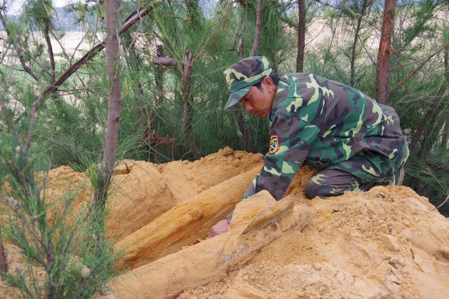 Phát hiện 2 quả bom “khủng” nằm sâu dưới đồi cát - 3 Tiến hành kiểm tra xác định loại bom