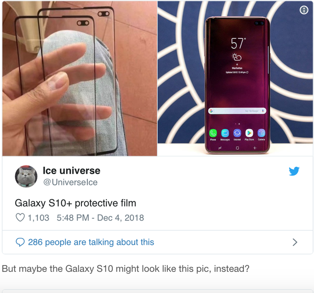 Miếng dán màn hình được cho là của Galaxy S10+.