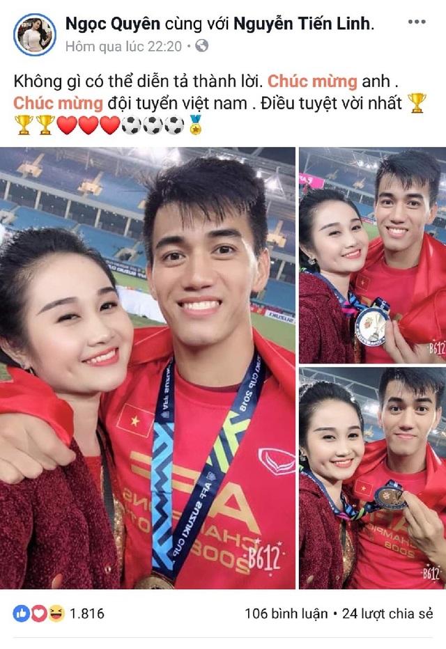 “Hậu phương” của tuyển thủ Việt Nam hết lời khen ngợi các anh hùng sau chiến thắng - 1
Ngọc Quyên - bạn gái cầu thủ Tiến Linh khoe ảnh hạnh phúc sau trận đấu với dòng chia sẻ: “Không gì có thể diễn tả thành lời. Chúc mừng anh. Chúc mừng đội tuyển Việt Nam. Điều tuyệt vời nhất!”.