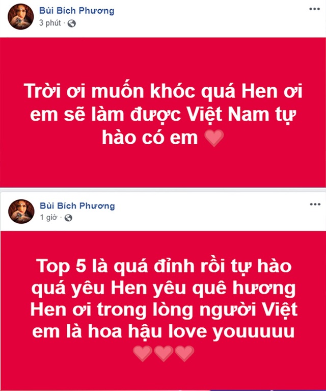 Sao Việt tưng bừng chúc mừng H’hen Nie lọt top 5 Hoa hậu Hoàn vũ - 7 Ca sĩ Bích Phương xúc động trước thành tích của Hhen Niê tại chung kết Hoa hậu Hoàn vũ. Mặc dù chỉ lọt top 5 nhưng trong lòng khán giả Hhen Niê đã là hoa hậu.