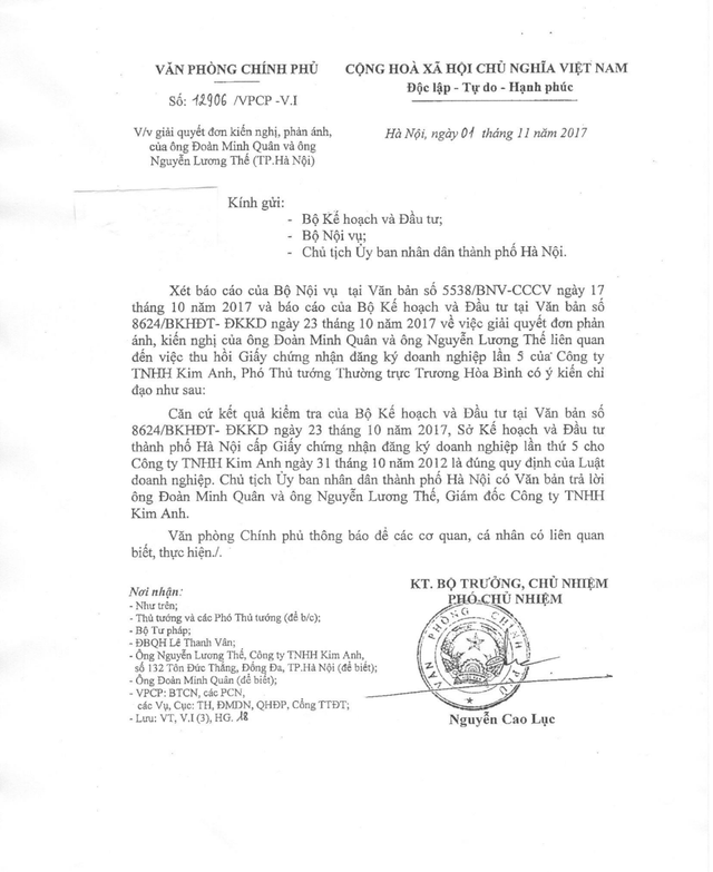 Vụ tranh chấp tại Công ty TNHH Kim Anh: Đề nghị áp dụng biện pháp khẩn cấp tạm thời! - 2 Phó Thủ tướng Trương Hoà Bình chỉ đạo, Sở Kế hoạch và Đầu tư TP Hà Nội cấp Giấy chứng nhận đăng ký doanh nghiệp lần thứ 5 cho công ty TNHH Kim Anh ngày 31/10/2012 là đúng quy định của Luật Doanh nghiệp.