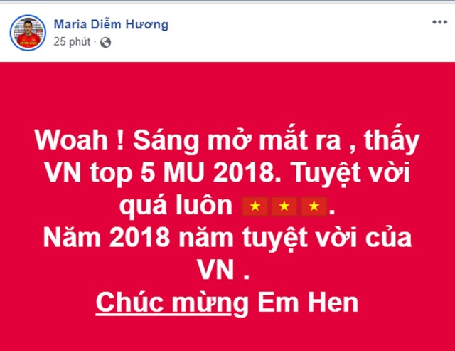 Sao Việt tưng bừng chúc mừng H’hen Nie lọt top 5 Hoa hậu Hoàn vũ - 8 Hoa hậu Diễm Hương cũng rất bất ngờ trước thành tích của Hoa hậu Việt Nam và gửi lời chúc mừng đến Hhen Niê. Người đẹp cho rằng năm 2018 là năm tuyệt vời của Việt Nam.