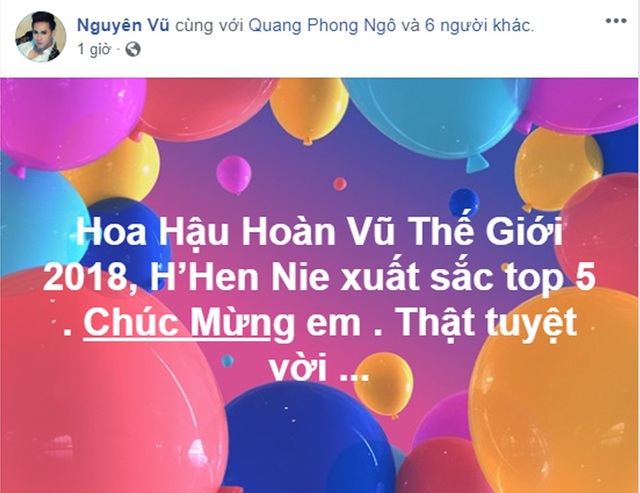 Sao Việt tưng bừng chúc mừng H’hen Nie lọt top 5 Hoa hậu Hoàn vũ - 12 Ca sĩ Nguyên Vũ cho rằng Hhen Niê đã có thành tích rất xuất sắc và gửi lời chúc mừng đến Hhen Niê.