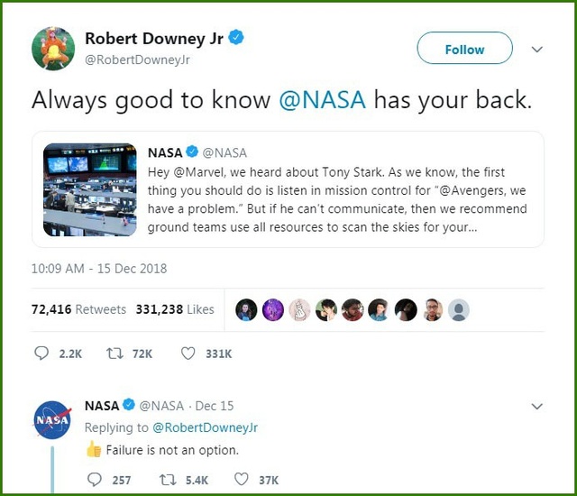 NASA đề nghị giúp Marvel giải cứu... Người Sắt - 4
Nam diễn viên Robert Downey Jr cũng đáp lại sự quan tâm của NASA. NASA hồi đáp chắc nịch rằng: Thất bại không phải là một lựa chọn.