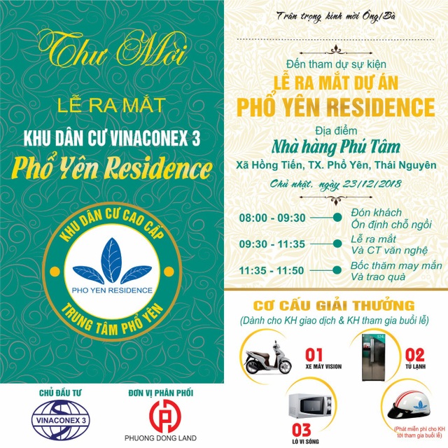 Ngày 23/12/2018 Vinaconex 3 chính thức cho ra mắt dự án Phổ Yên Residence - 3 Thư mời tham gia lễ ra mắt dự án