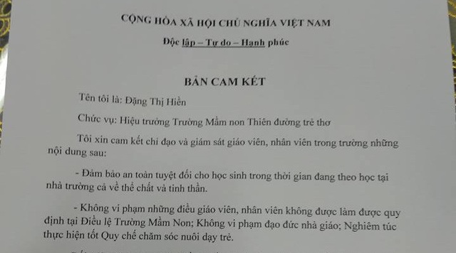 Bé mầm non tổn thương vùng kín: Nhà trường bảo “không liên quan tới cô giáo”? - 2
Cam kết của nhà trường với phụ huynh sau sự việc.