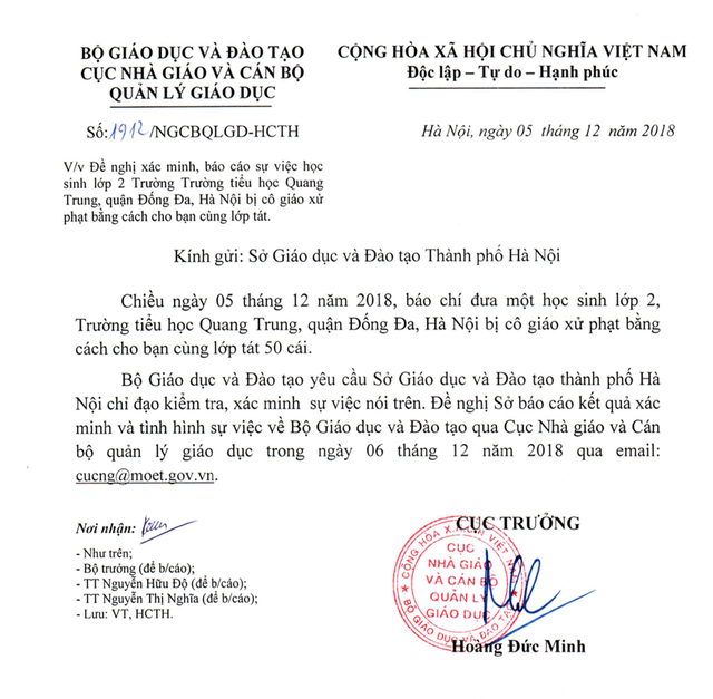 Bộ GD&ĐT yêu cầu Hà Nội báo cáo việc giáo viên phạt học sinh 50 cái tát - 1 Bộ GD&ĐT yêu cầu Hà Nội báo cáo việc giáo viên phạt học sinh 50 cái tát - 1