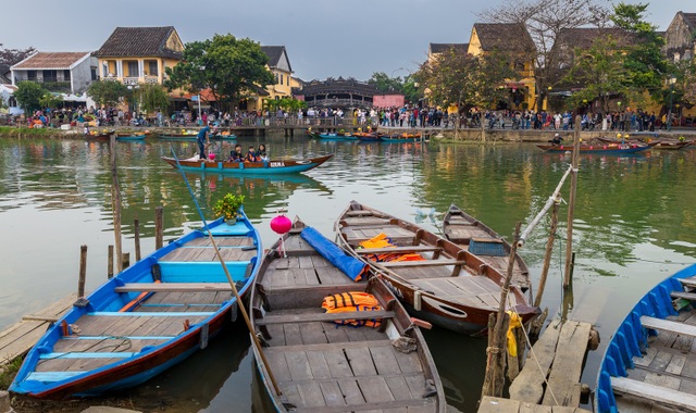 Hội An: Xuân về trên phố! - 9 Sông Hoài bình yên chảy giữa lòng phố cổ. Nhiều chủ ghe cũng sắm một chậu quật nhỏ trưng bày đón Tết