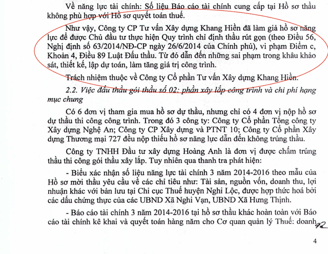 Khuất tất ở một dự án chống hạn 80 tỷ tại Nghệ An! - 3 Kết luận Thanh tra tỉnh Nghệ An nêu rõ: Cty CPTVXD Khang Hiền đã làm giả hồ sơ năng lực...