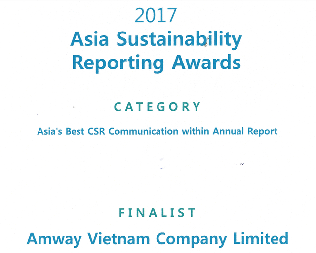 Amway nằm trong top 4 doanh nghiệp có báo cáo phát triển bền vững tốt nhất châu Á 2017