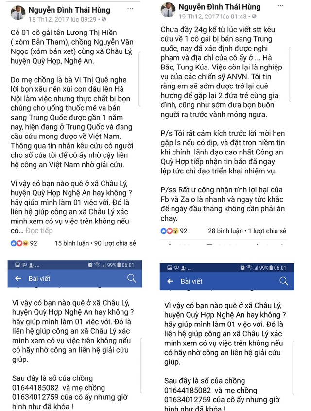 Cô gái bị lừa bán, được giải cứu nhờ dòng tin nhắn gửi luật sư - 1
Những dòng tin luật sư Hùng đăng trên mạng xã hội nhờ tìm kiếm gia đình em H., từ đó giúp Công an huyện Quỳ Hợp phối hợp với các cơ quan chức năng liên quan giải cứu được H.