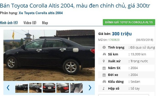 Những chiếc ô tô cũ đang rao bán giá 300 triệu đồng tại Việt Nam - 5
Chính chủ, màu đen, chiếc Toyota Corolla Altis 2004 này được rao bán giá 300 triệu đồng trên chợ ô tô cũ. Xe được quảng cáo là “xe chính chủ đứng tên, xe cũ đi gìn giữ nên còn gần như hoàn hảo, không cần thay thế thứ gì có thể lăn bánh luôn”.