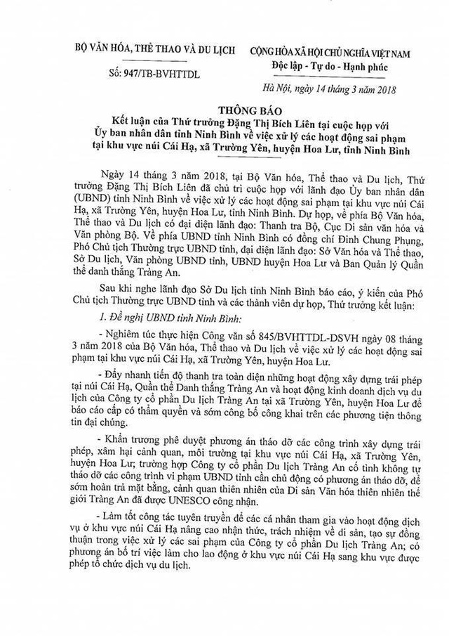 Công trình không phép ở Tràng An: Đề nghị xử lí các cá nhân, tập thể liên quan - 1 Kết luận của Thứ trưởng Đặng Thị Bích Liên tại cuộc họp với UBND tỉnh Ninh Bình về việc xử lí các sai phạm tại khu vực núi Cái Hạ, Trường Yên, Hoa Lư, Ninh Bình.