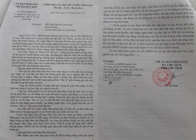 Hủ tục trộm vợ: Bao giờ mới hết? - 1 UBND huyện Quỳ Hợp đã ban hành nhiều công văn chấn chỉnh tình trạng trộm vợ, tảo hôn nhưng tình trạng trộm vợ ở đây vẫn được đánh giá là phức tạp