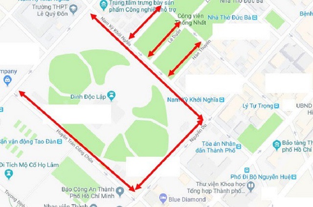Lưu thông như thế nào qua khu vực tổ chức lễ tang nguyên Thủ tướng Phan Văn Khải? - 1 Phương tiện hạn chế lưu thông qua khu vực Hội trường Thống Nhất. Đường giới hạn màu đỏ là đoạn đường hạn chế lưu thông xe (Nam Kỳ Khởi Nghĩa, Nguyễn Du, Huyền Trân Công Chúa, Hàn Thuyên, Lê Duẩn, Alexandre de Rhodes)