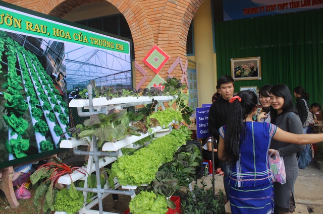 Xanh mát mô hình “vườn rau, hoa trường em” - 5 Mô hình vườn rau, hoa trường em của trường PTDT nội trú tỉnh thu hút rất nhiều người tới tham quan. (Trong hình các em đang chia sẻ kinh nghiệm trồng ra những cây rau xanh tốt cho mọi khách tới tham quan)