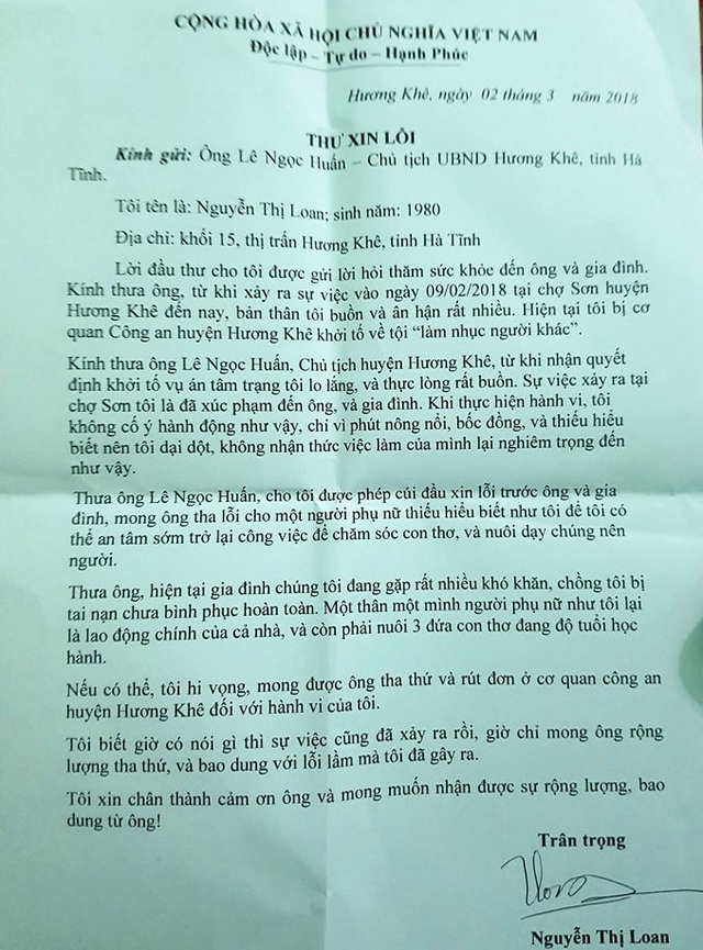 Nữ tiểu thương hắt tiết lợn viết thư xin lỗi chủ tịch huyện - 2 Thư xin lỗi của tiểu thương Loan gửi chủ tịch huyện.