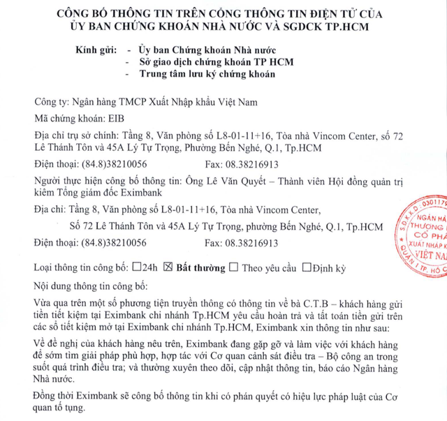 Cổ phiếu lao dốc, Eximbank lần đầu lên tiếng với cổ đông vụ mất 245 tỷ đồng - 2 (Ảnh chụp màn hình)