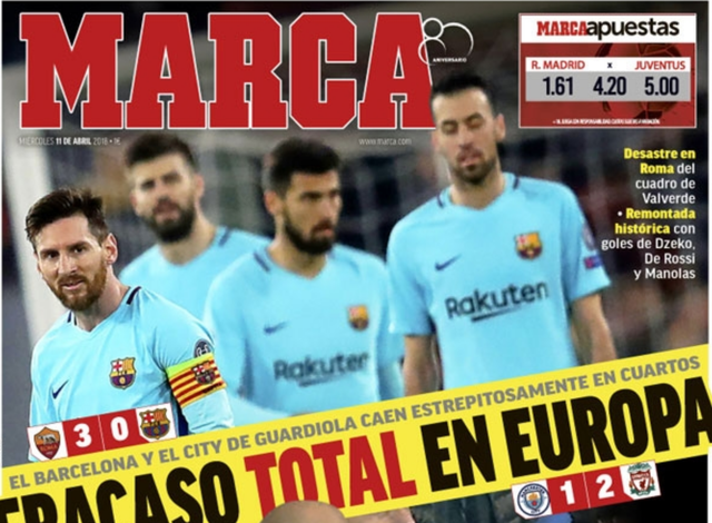 
Hình ảnh thất bại của Barcelona trên tờ Marca, sau đêm thảm họa ở Olympico
