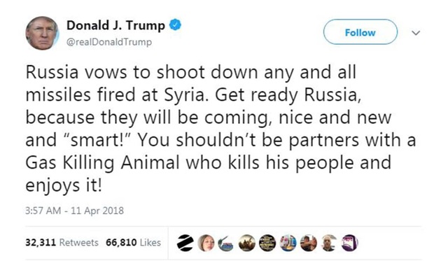 Ông Trump lộ bí mật quân sự khi dọa tấn công Syria? - 2
Ông Trump dùng Twitter để cảnh báo Syria sắp phải hứng tên lửa mới, đẹp và thông minh. (Ảnh: Twitter)