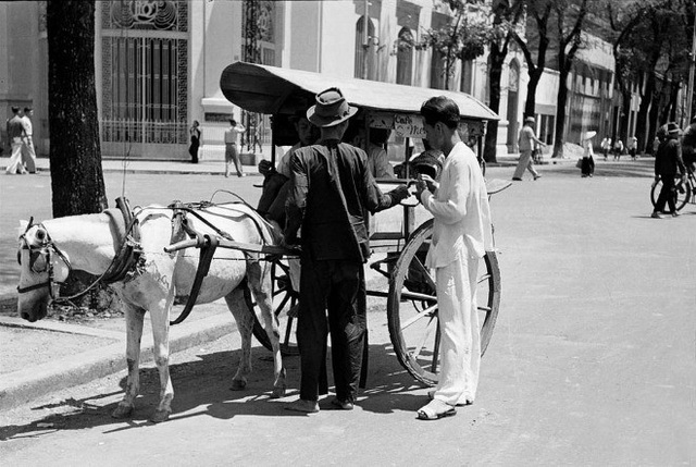 Xe ngựa trên đường phố Sài Gòn khá phổ biến vào những năm 1950 vì tính tiện lợi của nó, có thể lên xuống dễ dàng ở bất cứ đâu. Ảnh chụp bởi Carl Mydans, năm 1950.